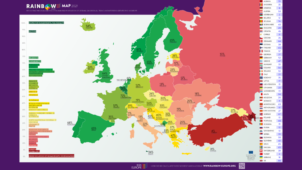 Kaart van Europa met kleuren voor LHBTI-vriendelijkheid
