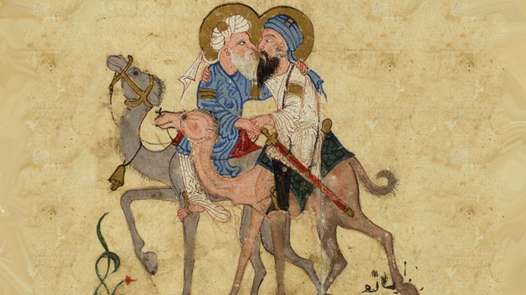 Middeleeuwse Indiase illustratie van twee zoenende mannen