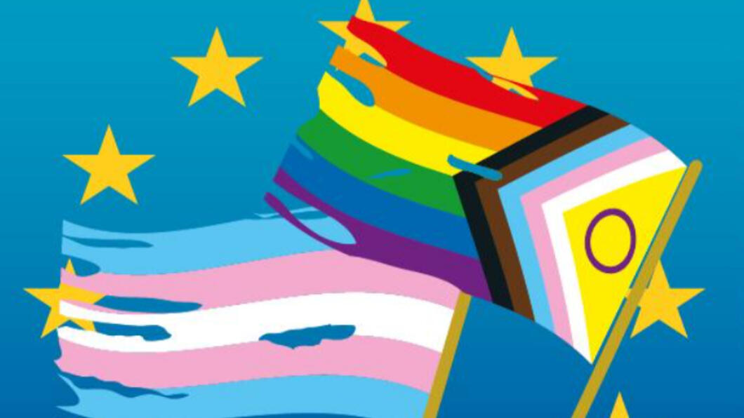 Affiche van het politiek café met scheurende pride-vlaggen en de Europese sterren