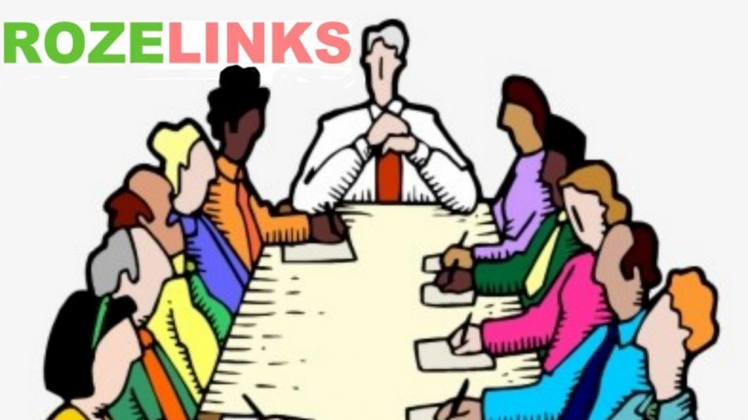 Cartoon met een boel mensen aan een bestuurstafel en RozeLinks-logo
