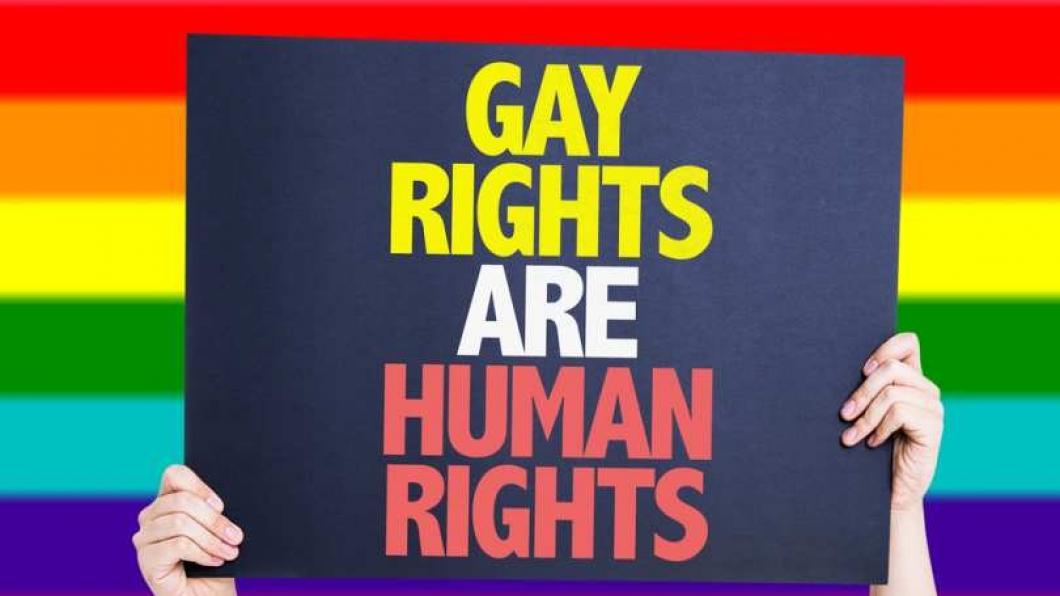 Regenboogvlag met op de voorgrond een bord met tekst "Gay rights are human rights"