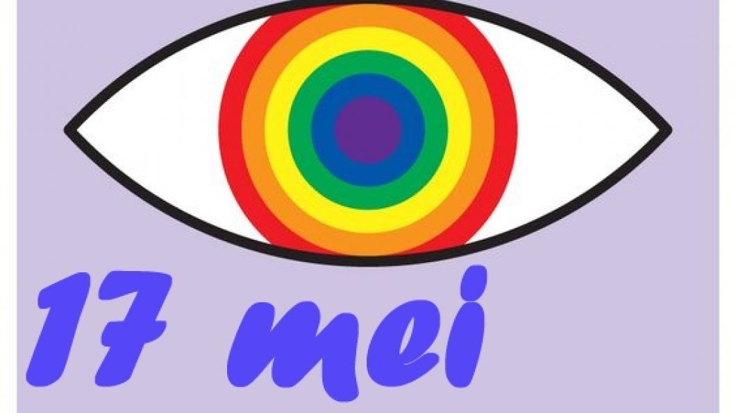 Plaatje met oog waarvan de pupil in regenboogkleuren, tekst "17 mei"