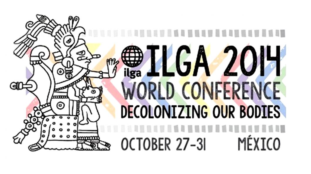 Affiche met Azteeks plaatje en tekst 'Decolonizing Our Bodies', het thema van de ILGA-conferentie in Mexico D.F.