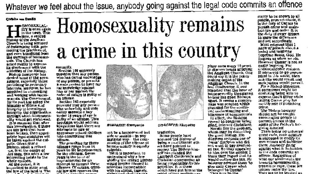 Krantenknipsel Ugandese krant met kop: Homosexuality remains a crime in this country