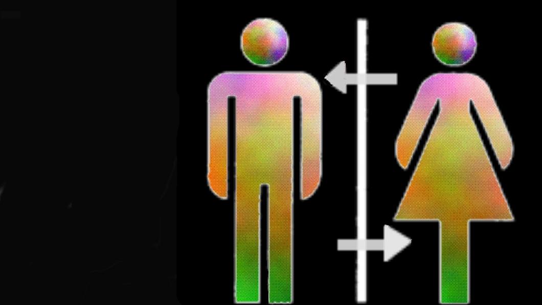 Mannen- en vrouwensymbool in regenboogkleuren tegen zwarte achtergrond met pijlen ertussen en