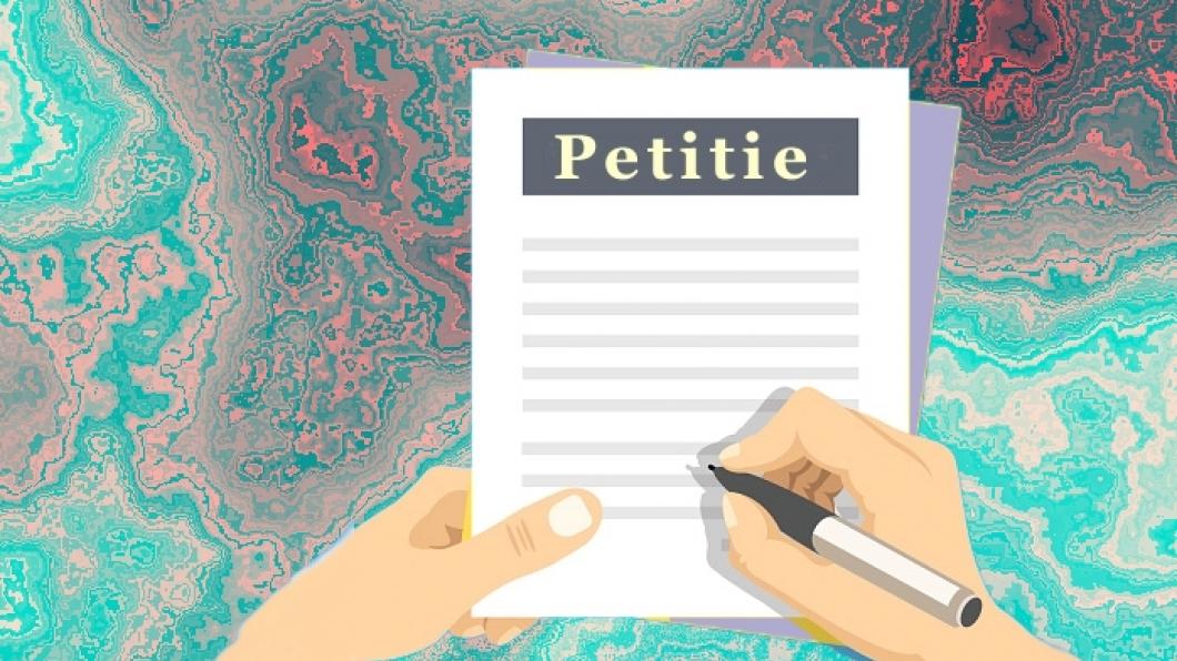 Plaatje met papier met het woord 'petitie', een hand die vastpakt en een hand met een pen, klaar om te ondertekenen