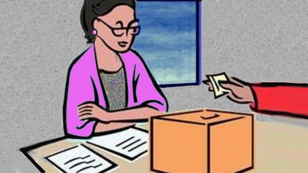 Tekening met dame achter bureau en hand die stembiljet in doos doet