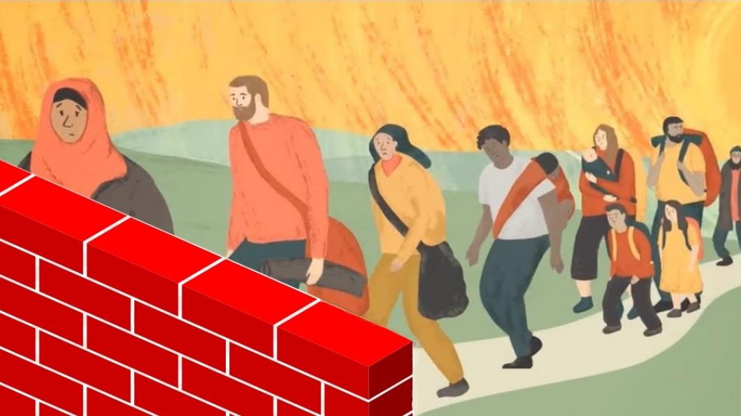 Plaatje met vluchtelingen over een weg die een muur voor zich zien die de weg blokkeert
