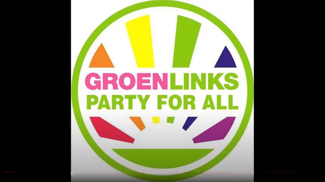 GroenLinks-logo gewijzigd met regenboogstralen en tekst "Party for All"