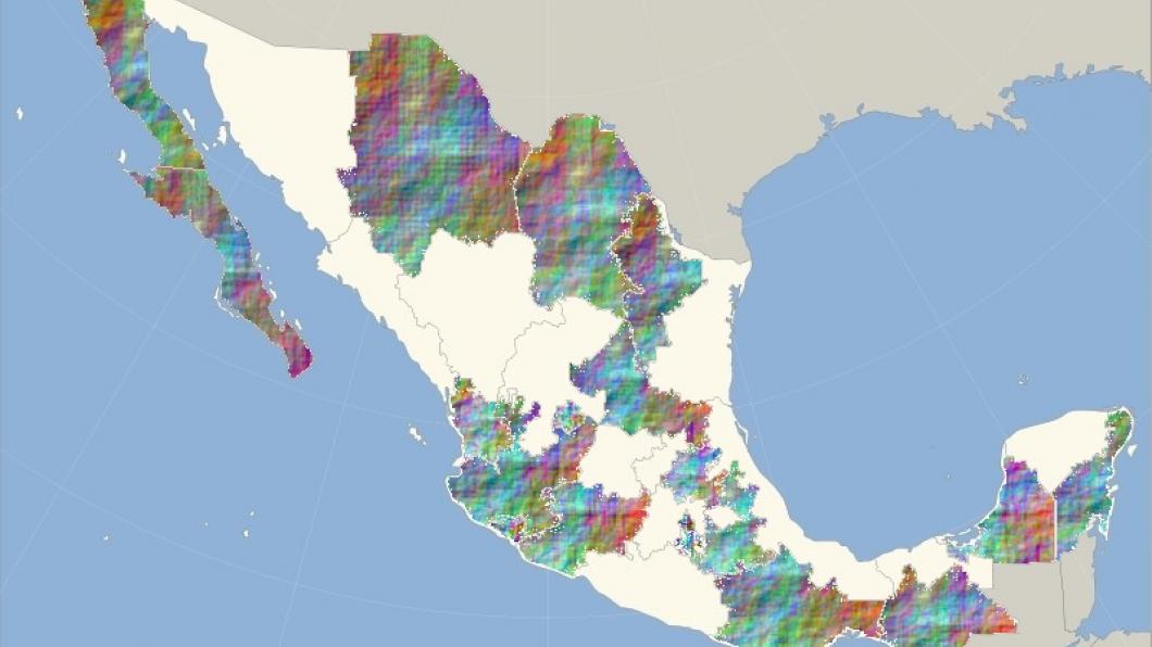 Kaart van Mexico met in regenboogkleuren de gebieden waarin het huwelijk openstaat aan paren van gelijk geslacht