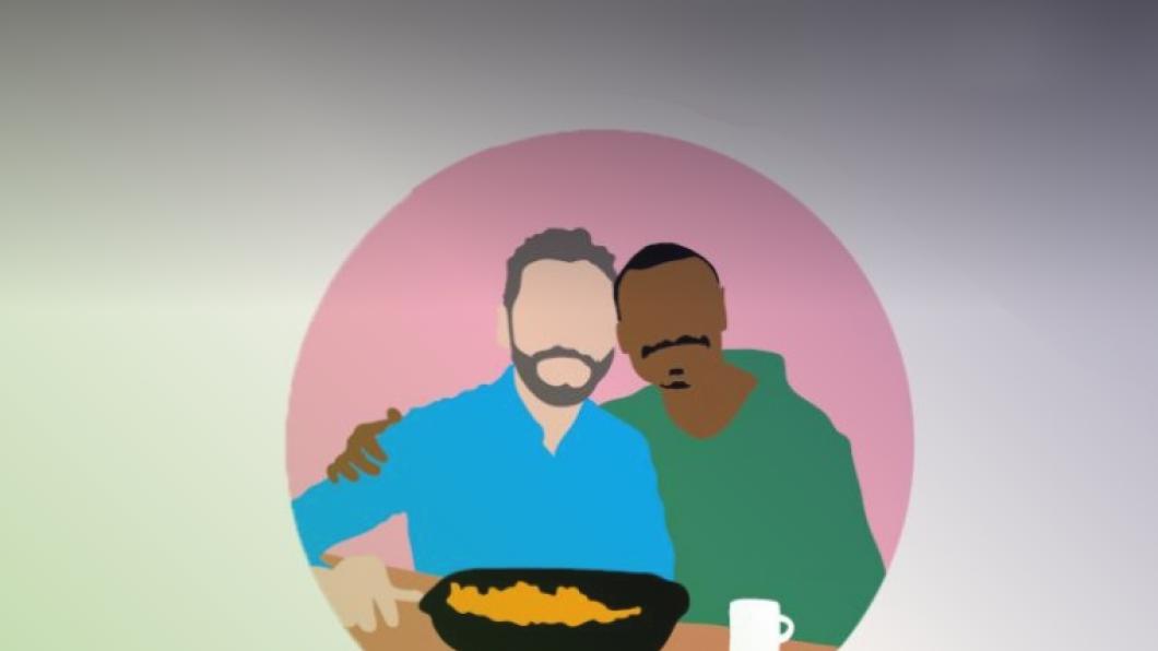 plaatje van het Movisie-onderzoek: twee mannen omarmd achter de eettafel