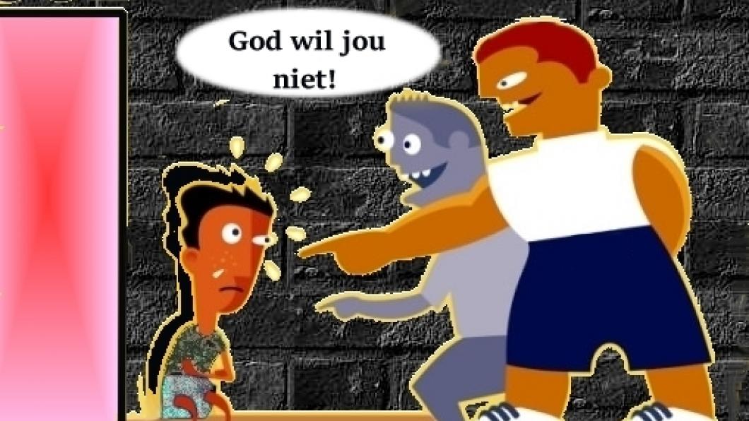 Plaatje van twee jongens bij een schooldeur die een huilende andere jongen intimiderend toeroepen "God wil jou niet!"