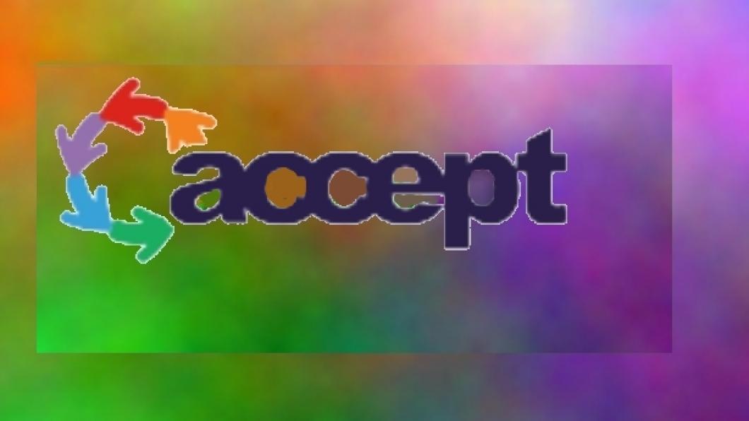 Logo van ACCEPT tegen veelkleurige achtergrond