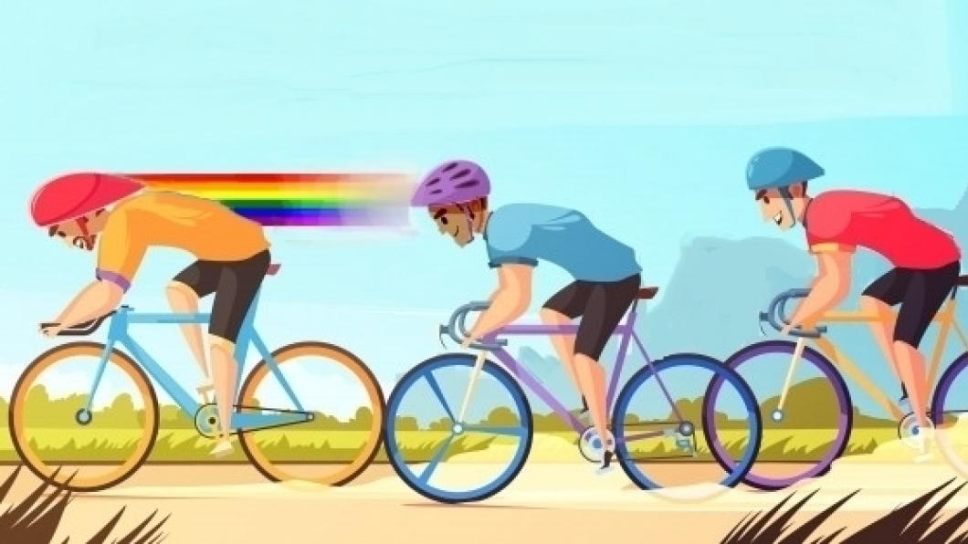 Plaatje van drie wielrenners, waarvan de vaart van de voorste in regenboogkleuren is afgebeeld