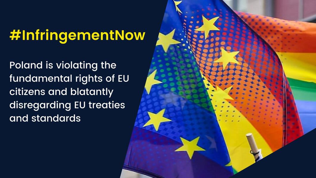 Europese vlag vermengd met regenboogvlag, tekst over onmiddellijke infringement