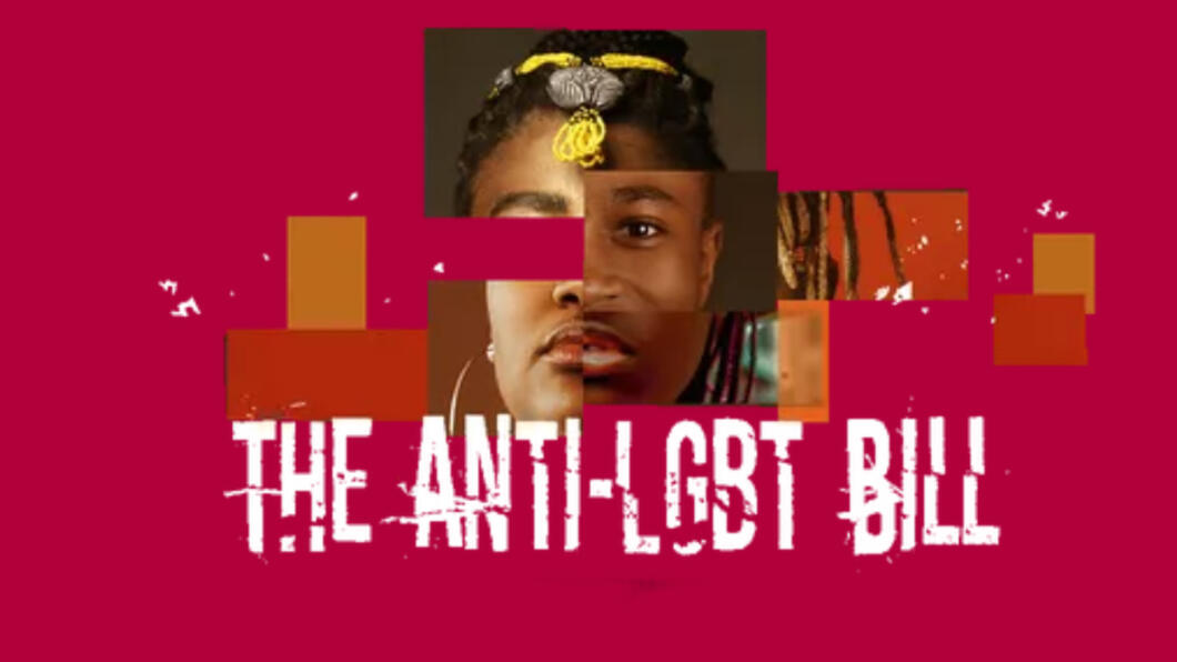 Collage van Ghanese gezichten, tekst "the anti-LGBT bill"