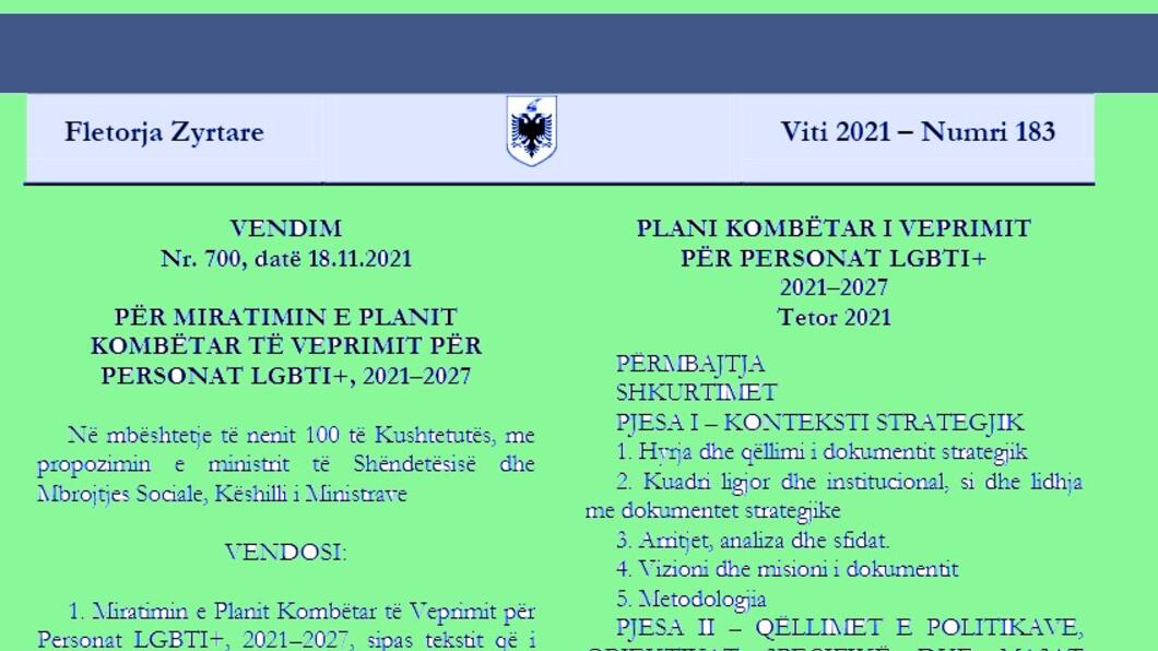 Fragment uit de Albanese Staatscourant met de publicatie van het plan