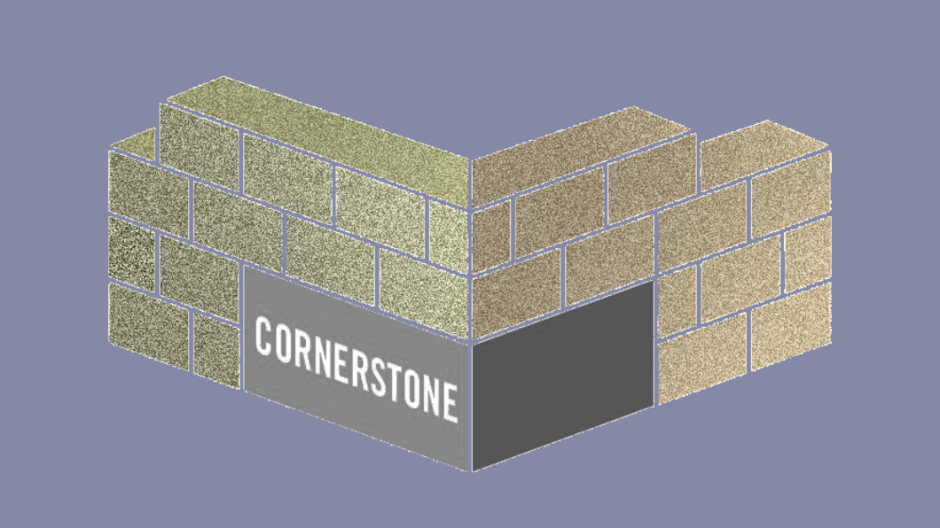 plaatje van twee in aanbouw zijnde muren met een hoeksteen, waarop de tekst cornerstone