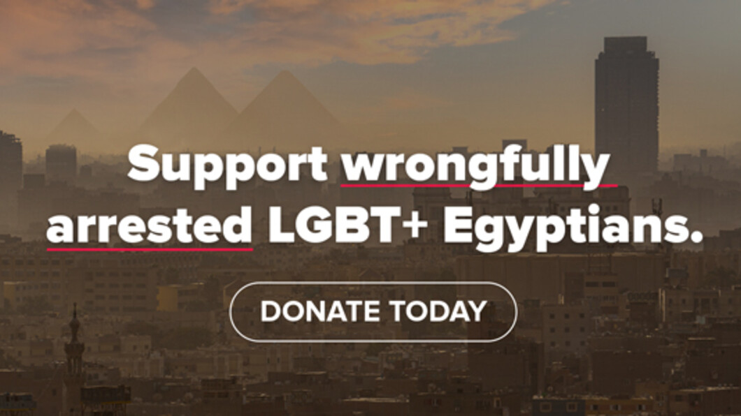 Beeld van Caïro, met tekst in Engels: steun onschuldige LHBT+ Egyptenaren