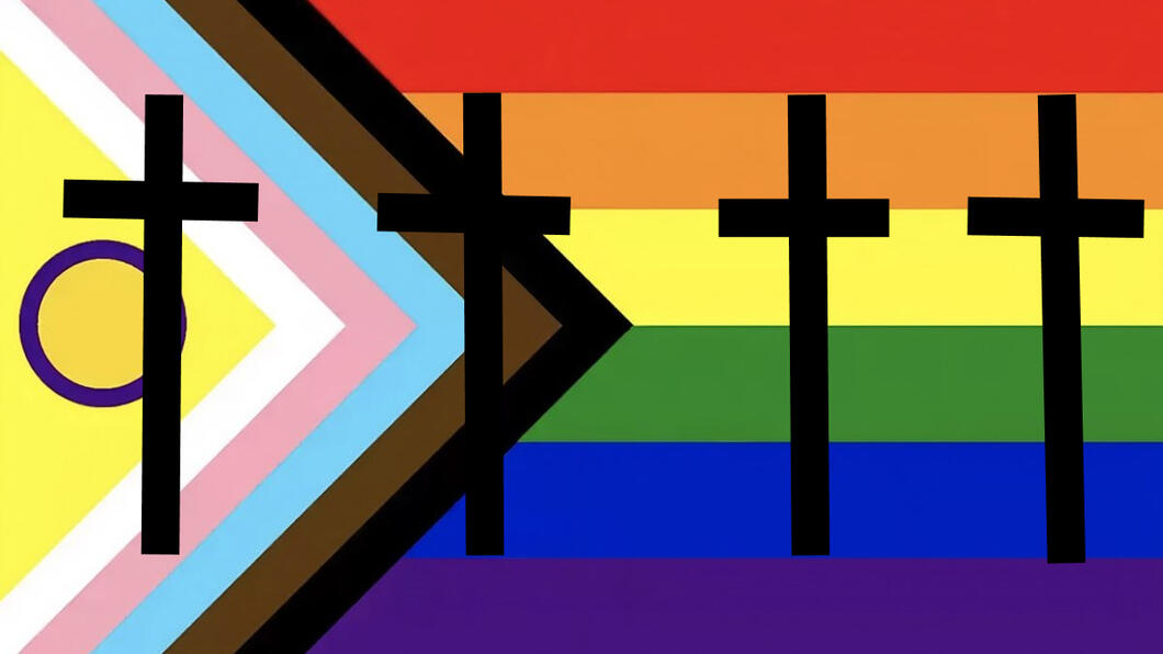 progressive pride vlag met vier overlijdenskruisen