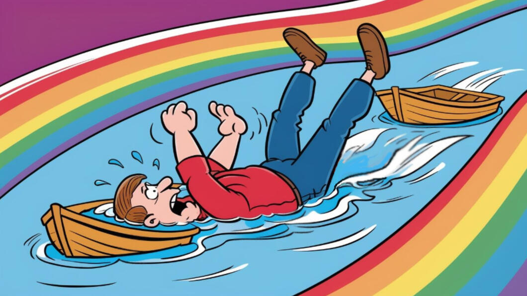 door regenboogkleuren omgeven plaatje van persoon die in het water tussen twee boten ligt