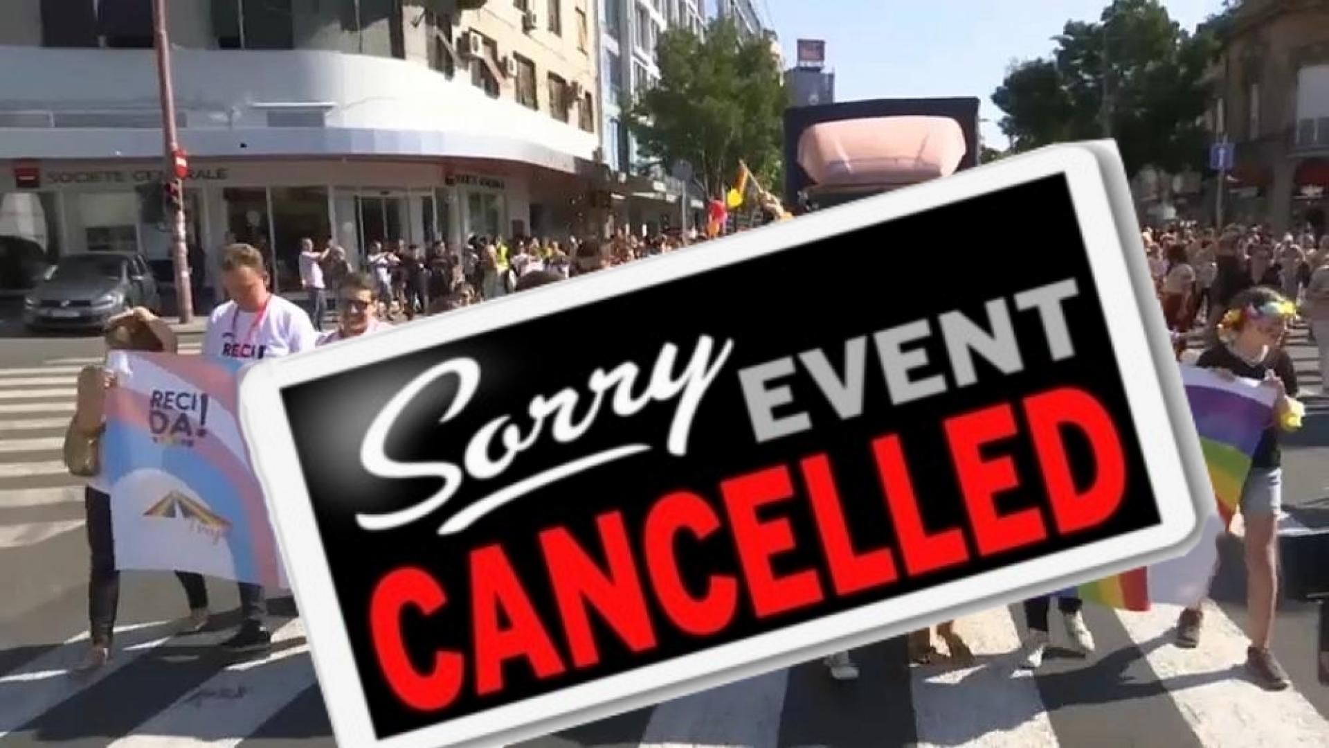 Foto van demonstratie met daaroverheen de tekst: Sorry! Event cancelled!