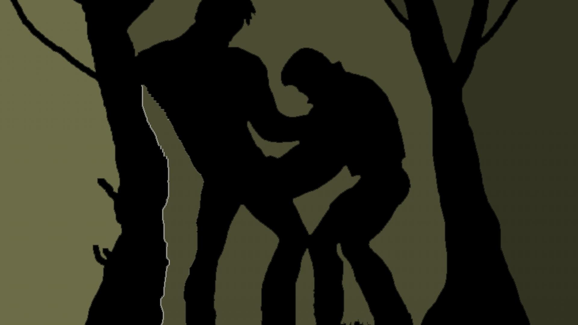 Silhouetten van mannen die beginnen met elkaar seks te hebben tussen bomen