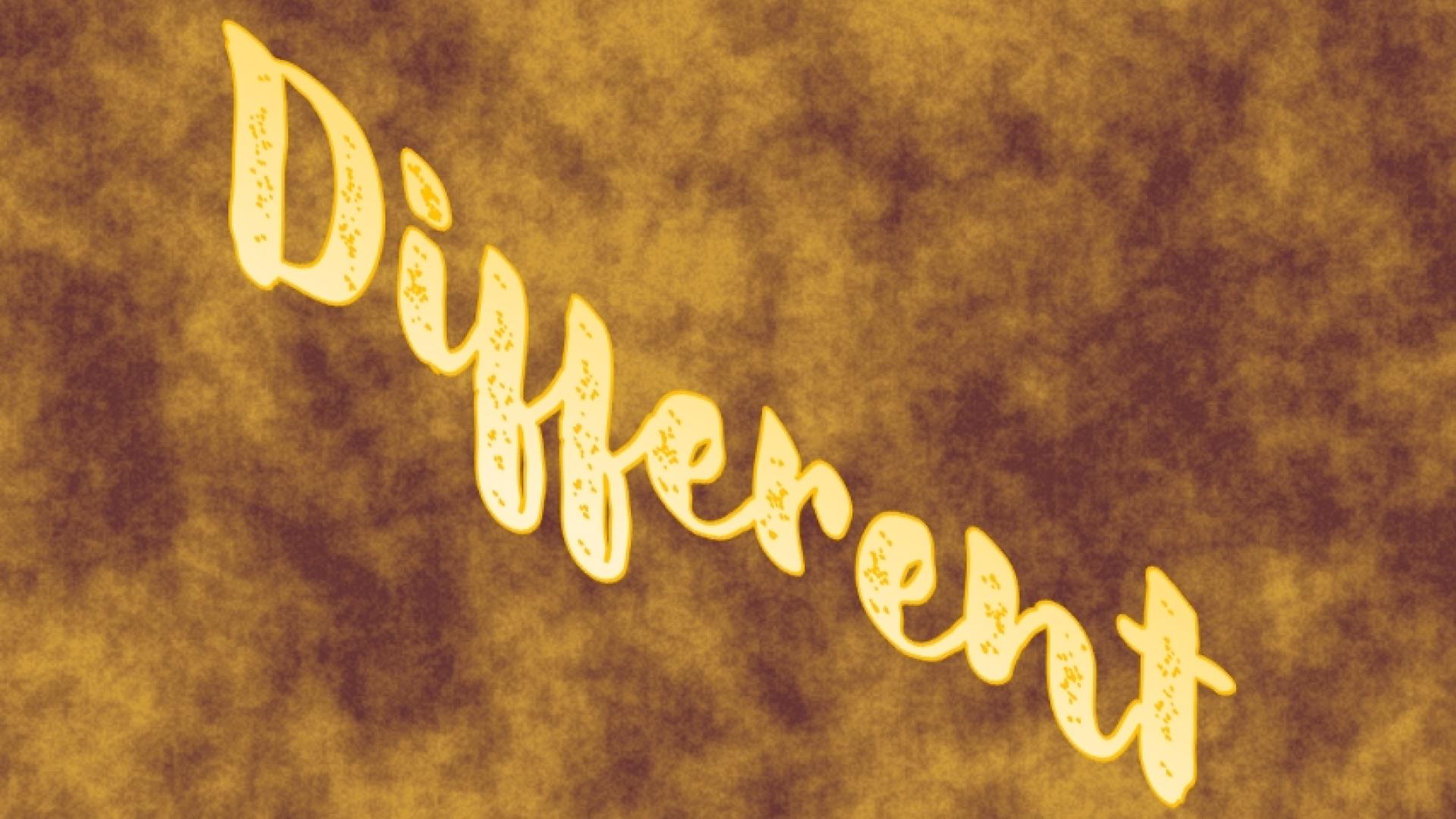 Tekst "Different" (naar beneden lopend) tegen veelkleurige achtergrond