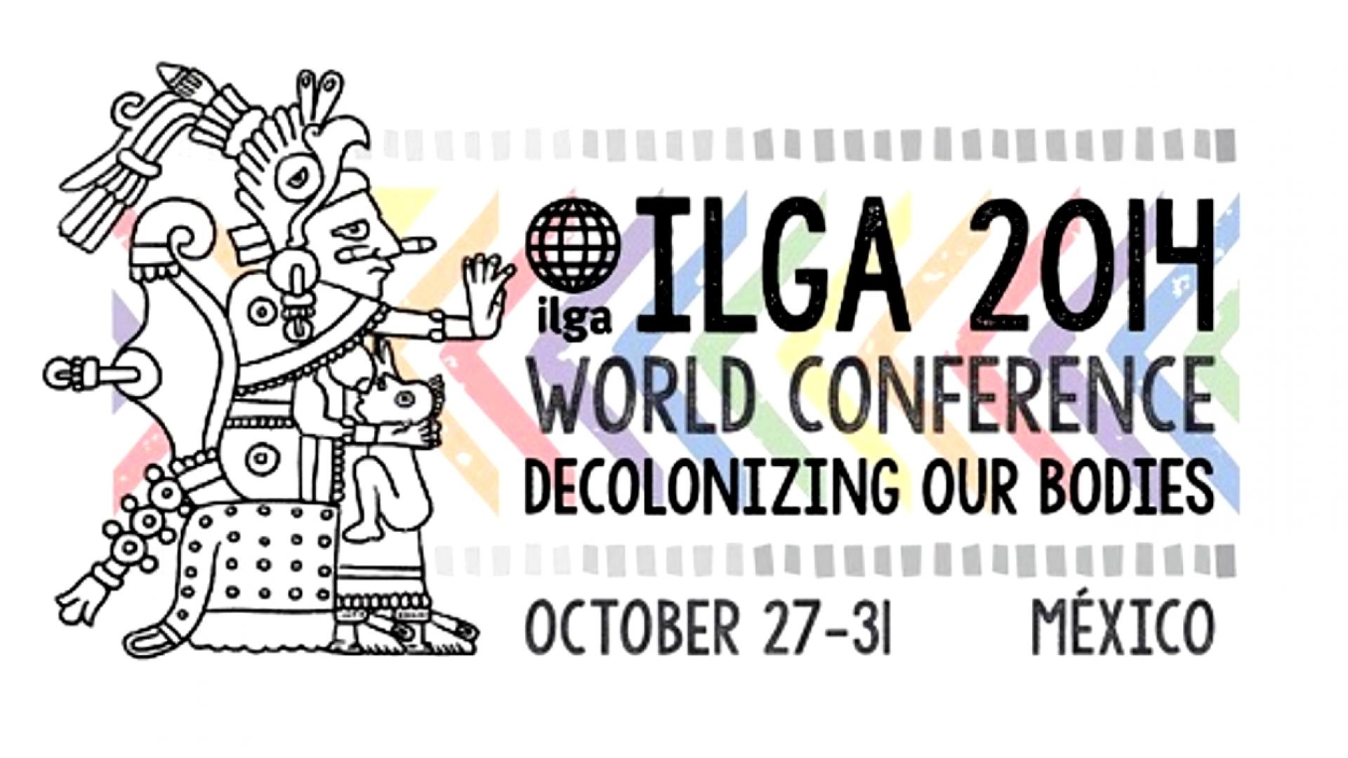 Affiche met Azteeks plaatje en tekst 'Decolonizing Our Bodies',  het thema van de ILGA-conferentie in Mexico D.F.