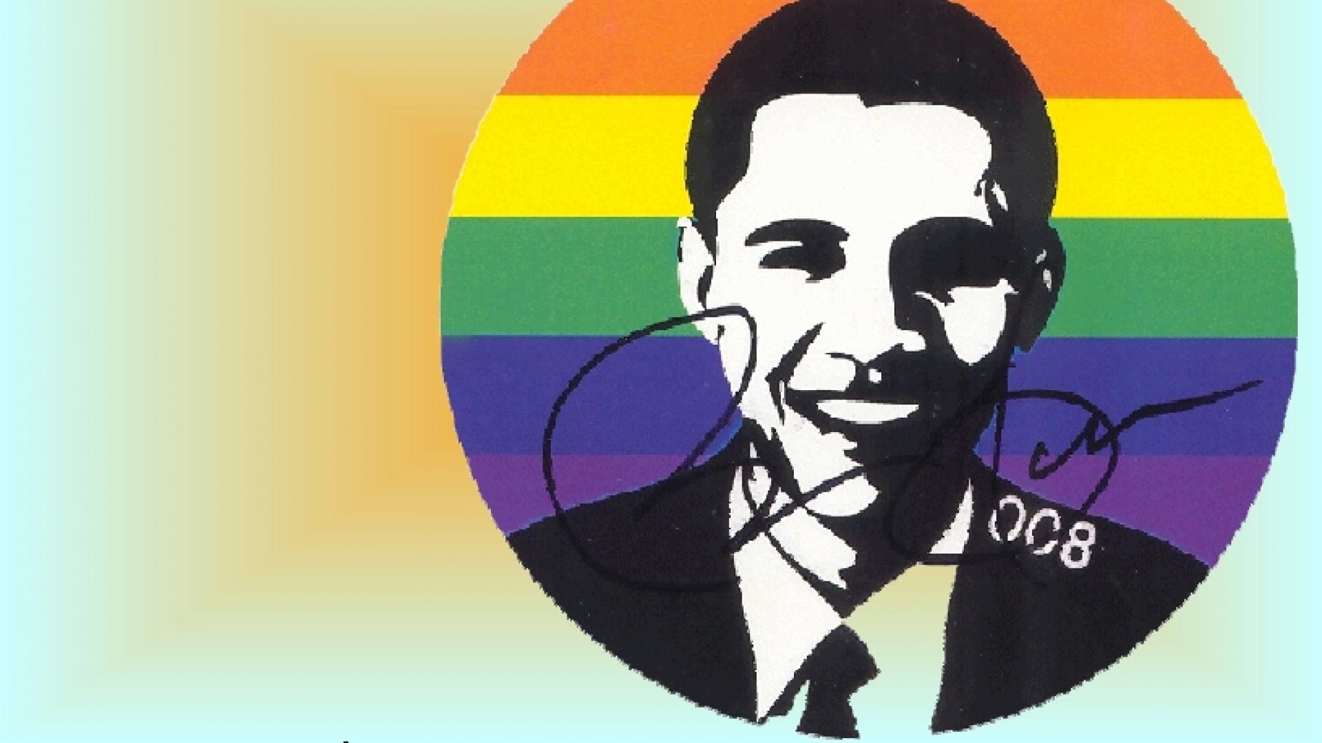 Figuurtje van Obama tegen regenboogkleurenachtergrond