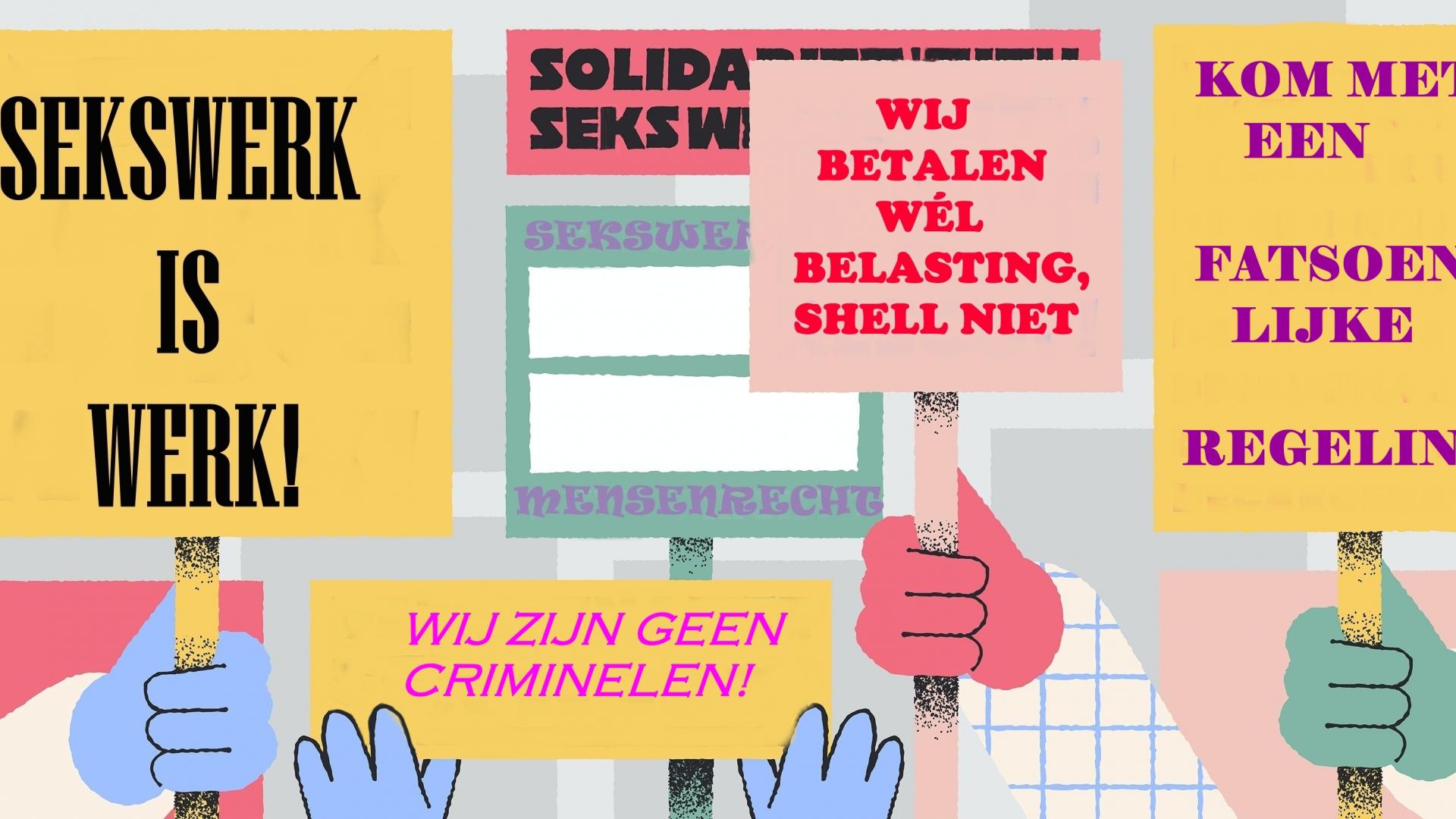 Protestborden met verschillende teksten over rechten van sekswerkers
