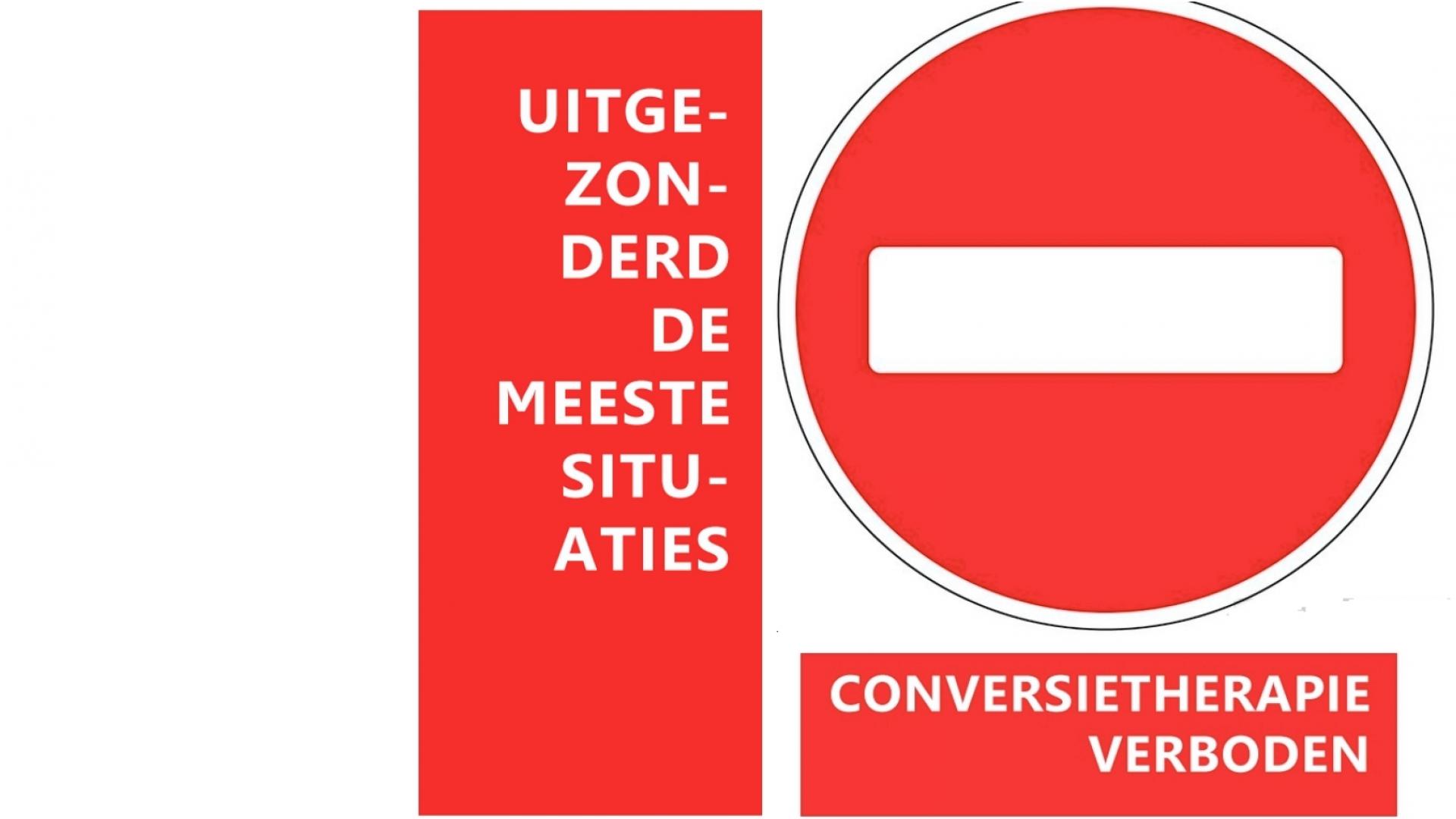 Verbodsbord met tekst CONVERSIETHERAPIE VERBODEN, en dan UITGEZONDERD DE MEESTE SITUATIES