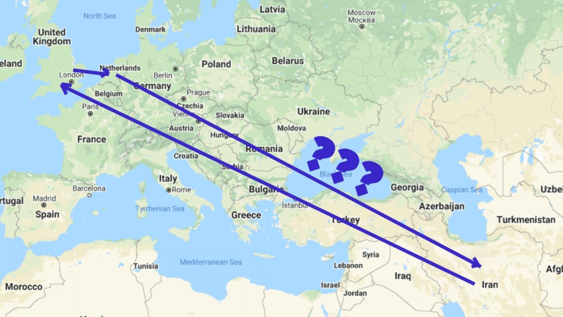 Kaart met vluchtweg van Iran naar VK, van VK naar NL, en met vraagteken bij pijl terug naar Iran