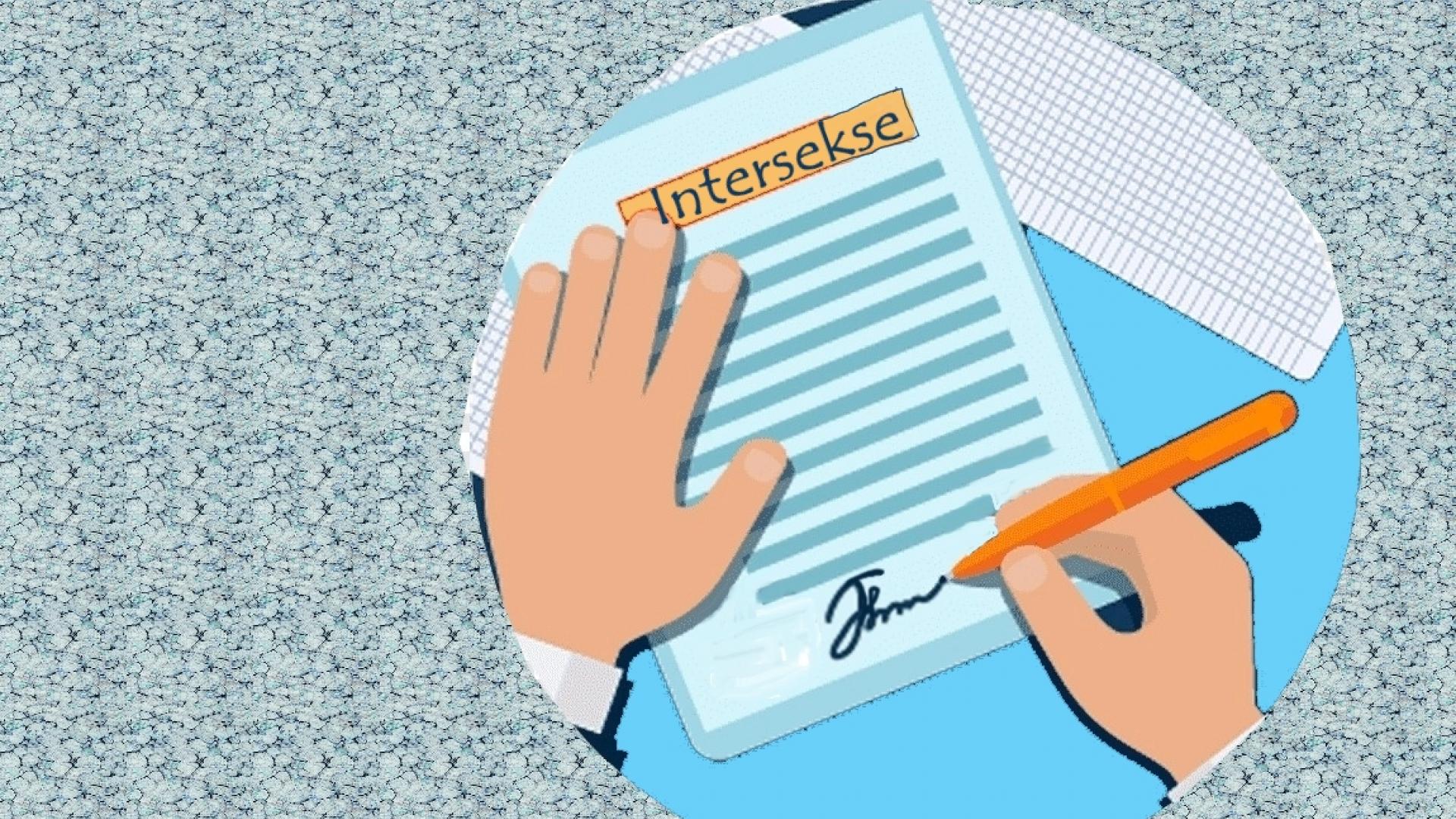 Tekening met twee handen die een intersekseverklaring vasthouden en ondertekenen
