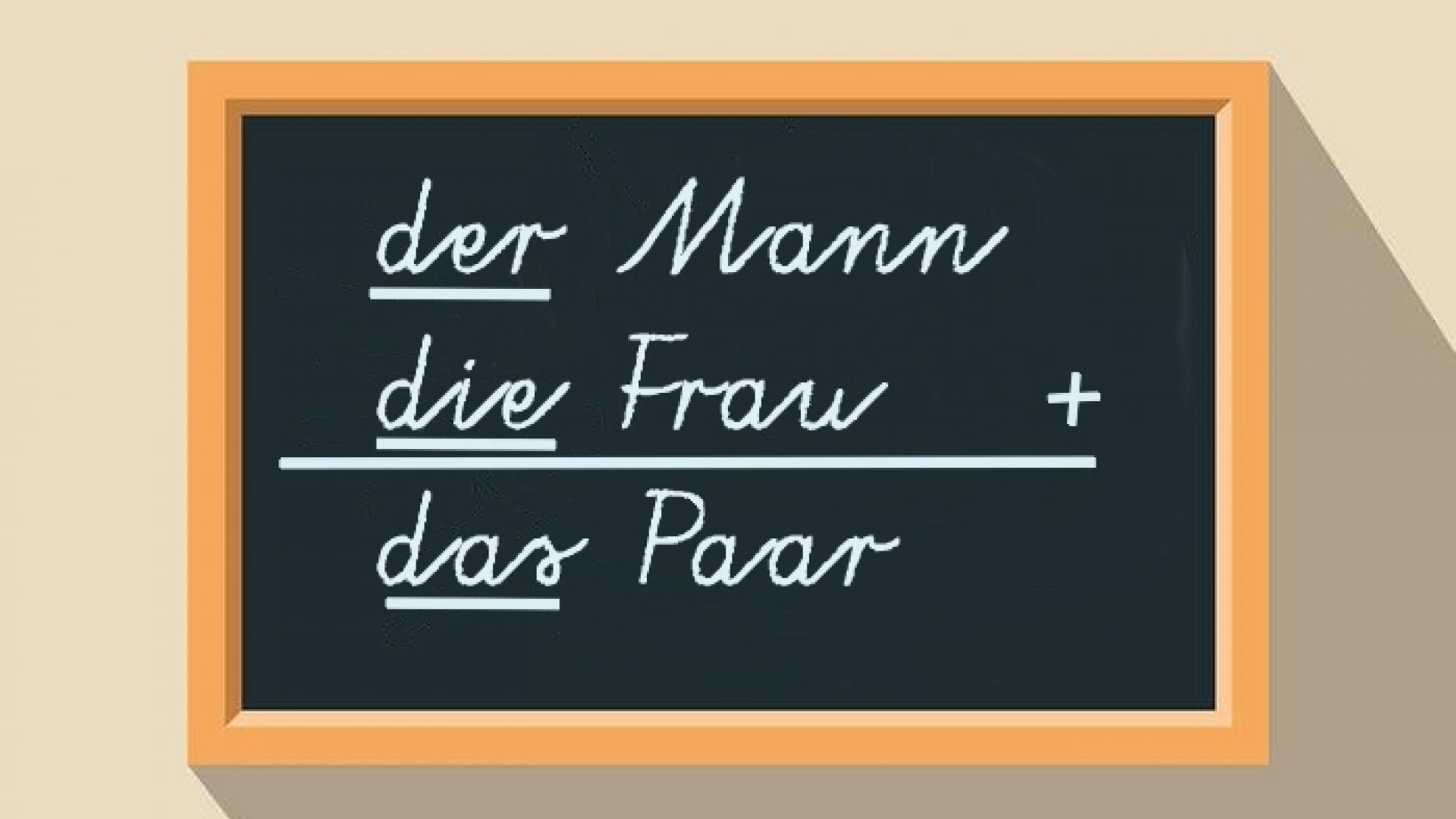 Schoolbord met "DER Mann + DIE Frau = DAS Paar"