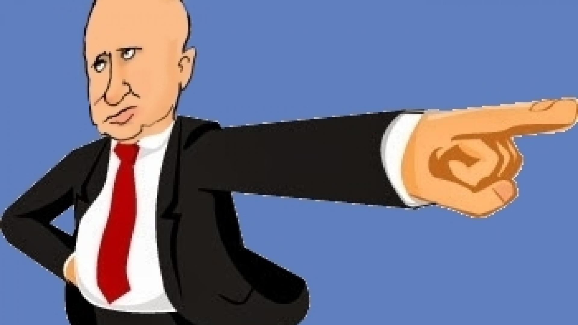 Cartoon van Vladimir Poetin die een "eruit! ' gebaar maakt met zijn linkerhand