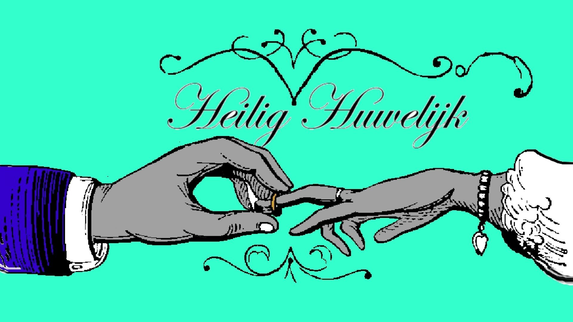 Gravure waarbij mannenhand ring schuift aan vrouwenhand en tekst "Heilig Huwelijk"