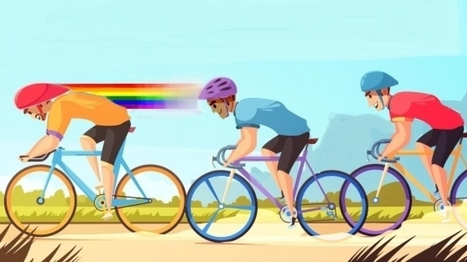 Plaatje van drie wielrenners, waarvan de vaart van de voorste in regenboogkleuren is afgebeeld