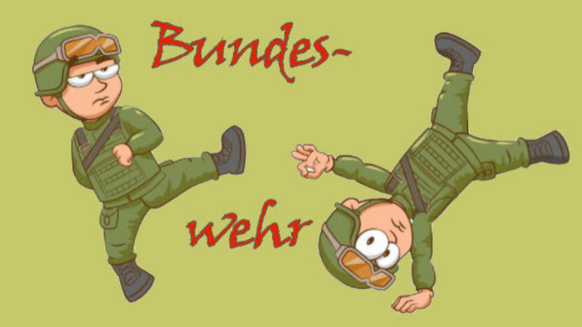 Tekening van soldaatjes die een soldaatje wegtrappen, tekst "Bundeswehr"