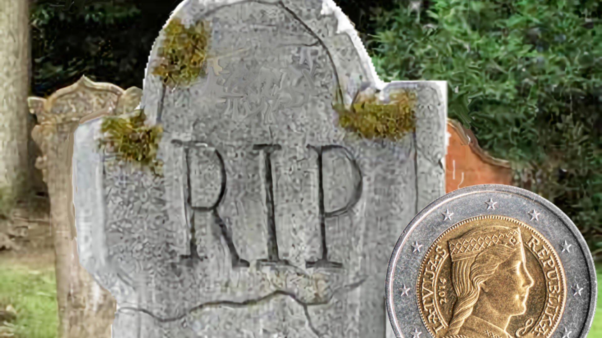 begraafplaats met grafsteen en afbeelding van Letse twee-euro-munt