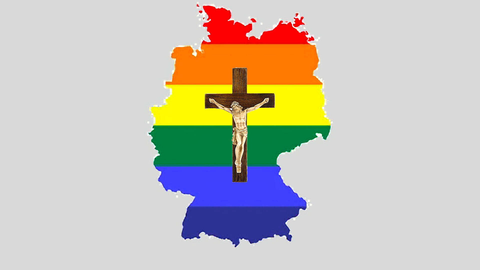 Kaart van Duitsland in regenboogkleuren met crucifix op de voorgrond