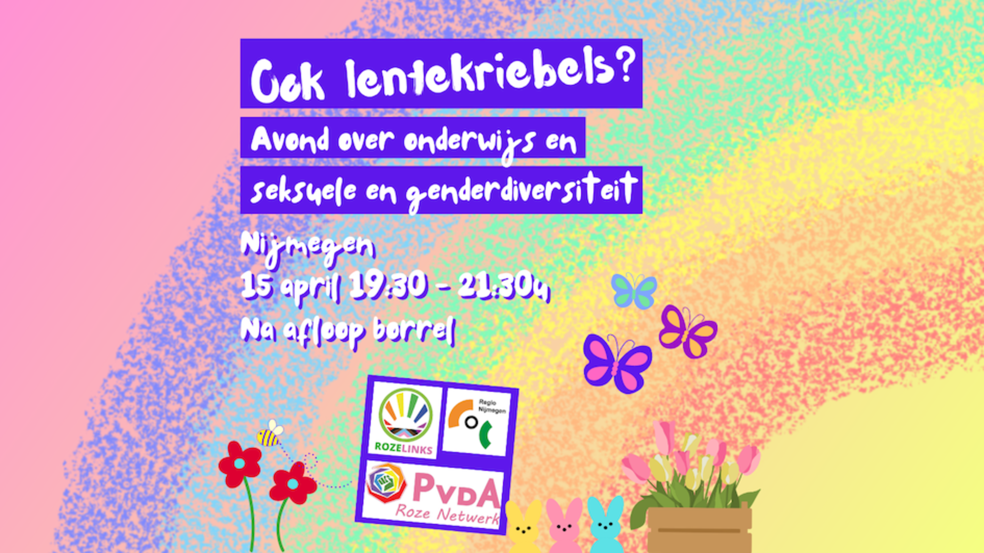 Avond over seksuele en genderdiversiteit in onderwijs, afbeelding met regenboog, vlinders, konijntjes, bloemen en bijtje en aankondigingstekst