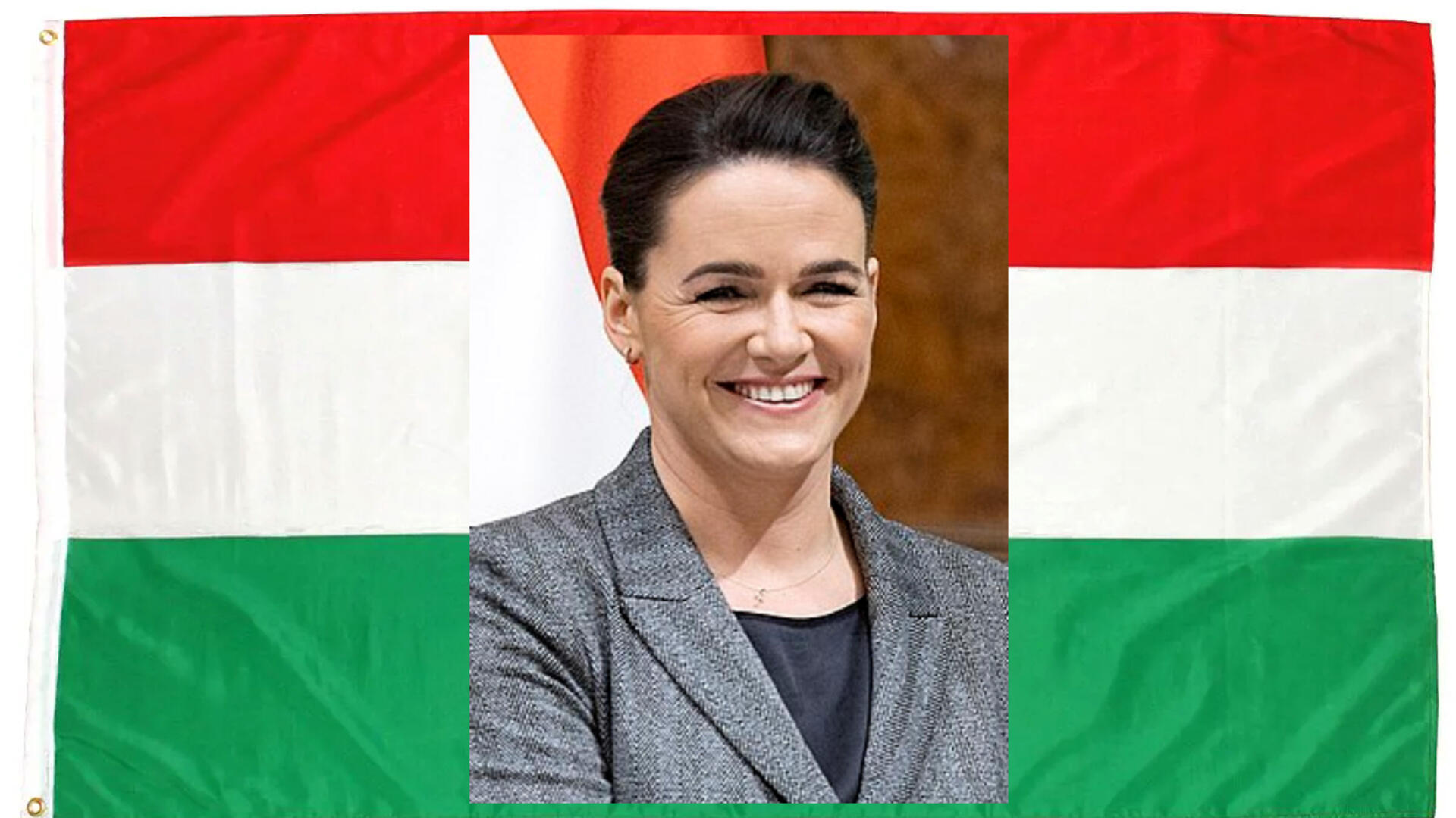 Hongaarse vlag met portret van president Katarin Novák