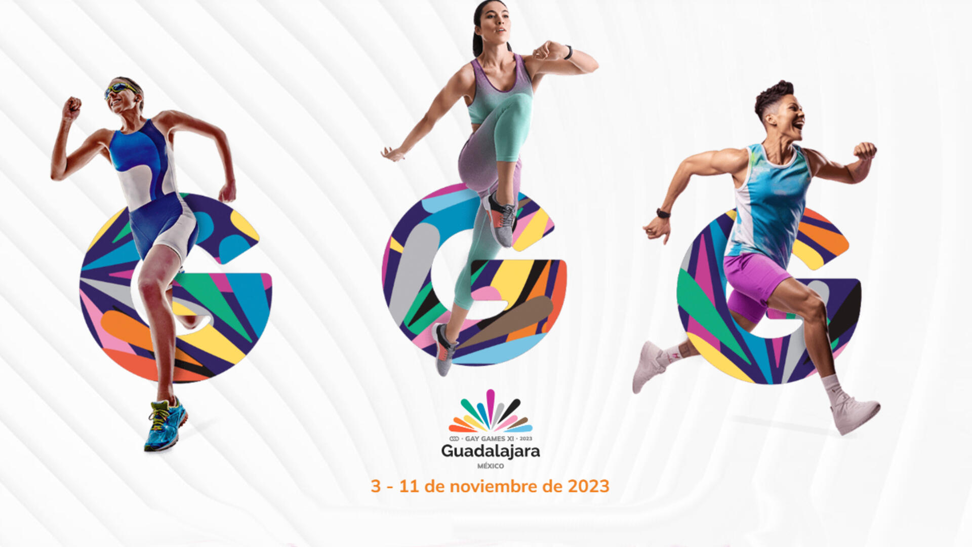 Logo van de Gay Games Guadalajara met drie G's waarvanuit mensen sporten