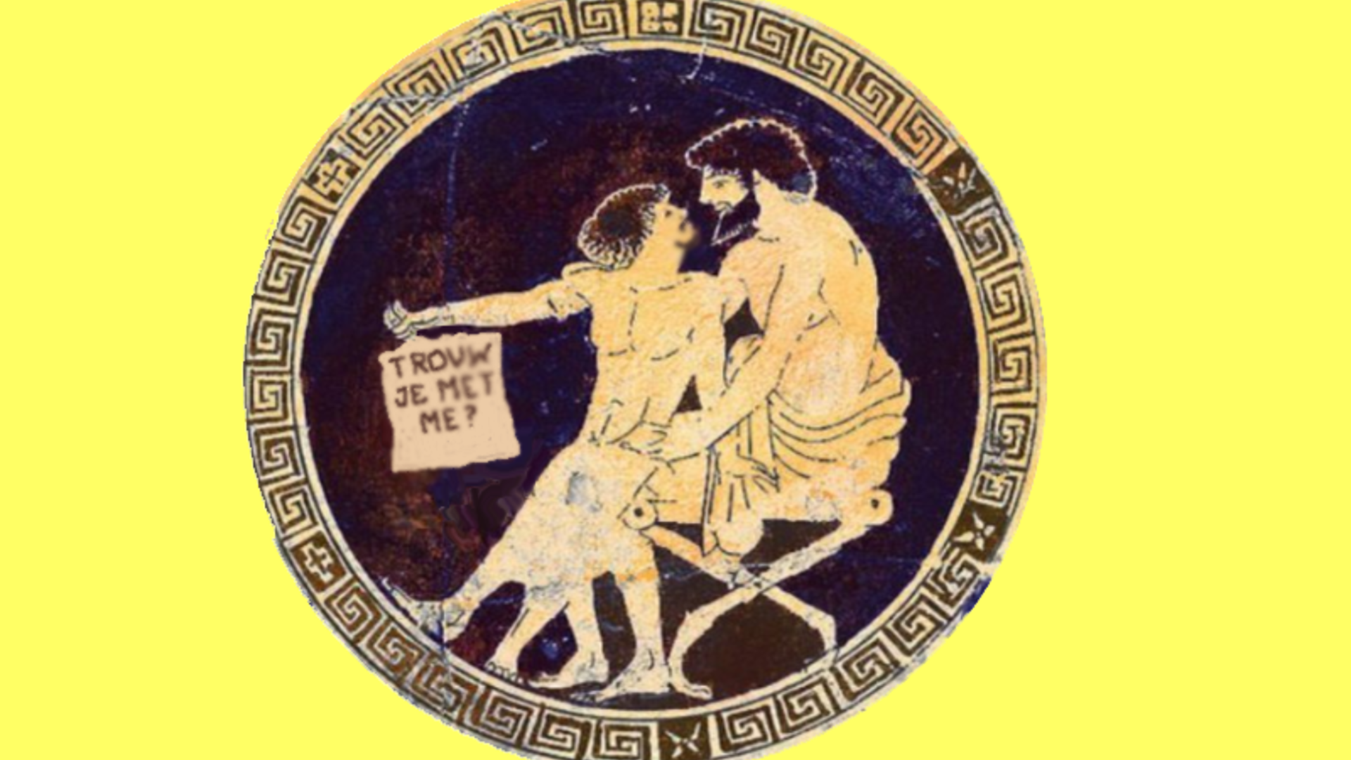antieke Griekse schaal met twee mannen die elkaar gaan zoenen; de ene houd de vraag op of de ander met hem wil trouwen