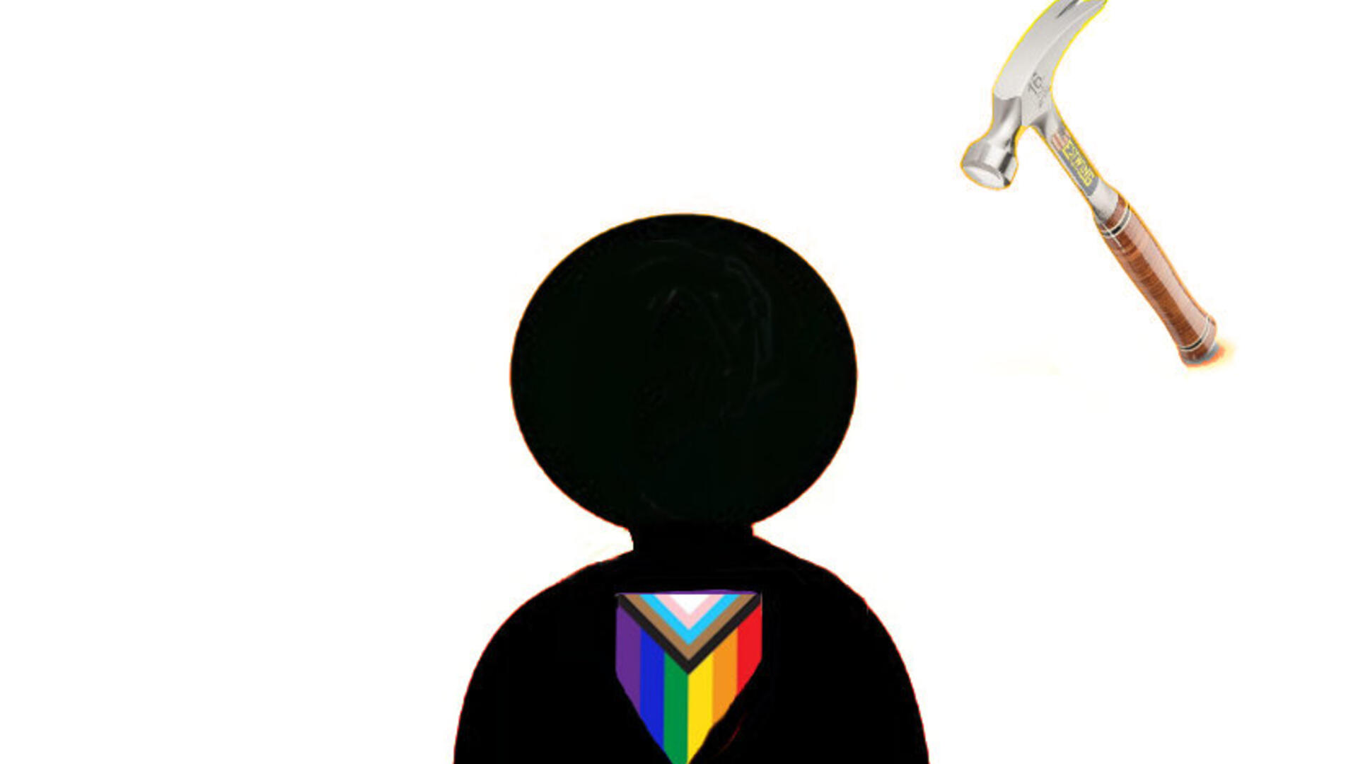 persoon met regenbooglogo op kleding die bedreigd wordt door hamer op achtergrond