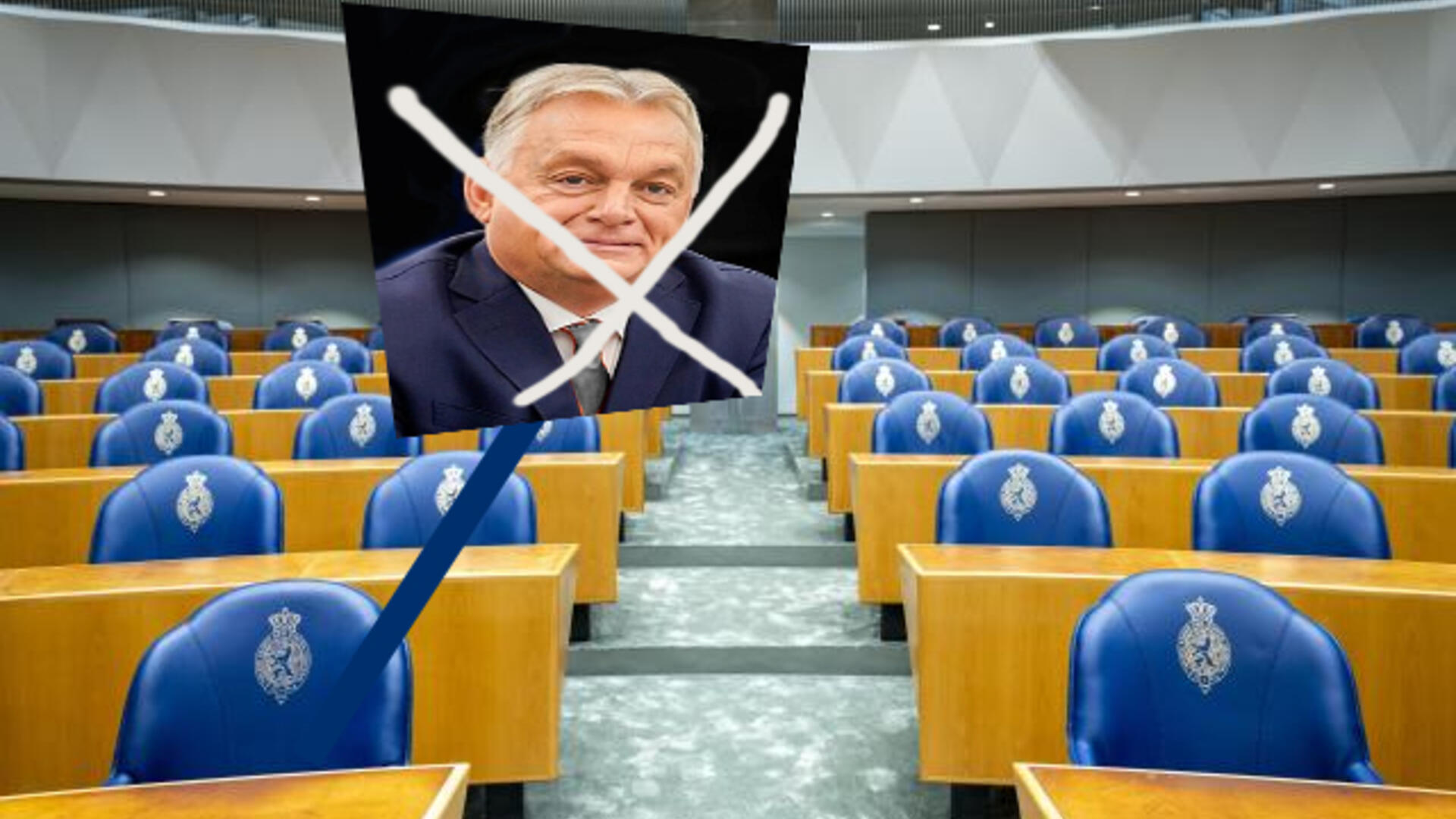 plenaire zaal Tweede Kamer met proestbord met een kruis door het portret van Orbán