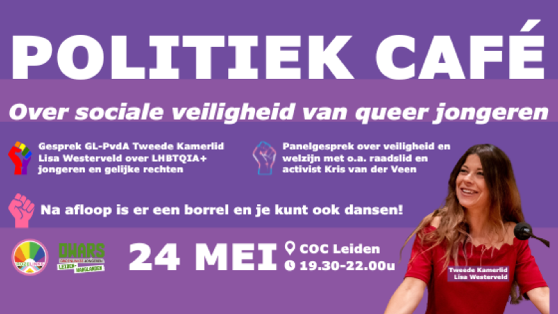 Politiek café 24 mei sociale veiligheid LHBTTQIA+ jongeren met Lisa Westerveld