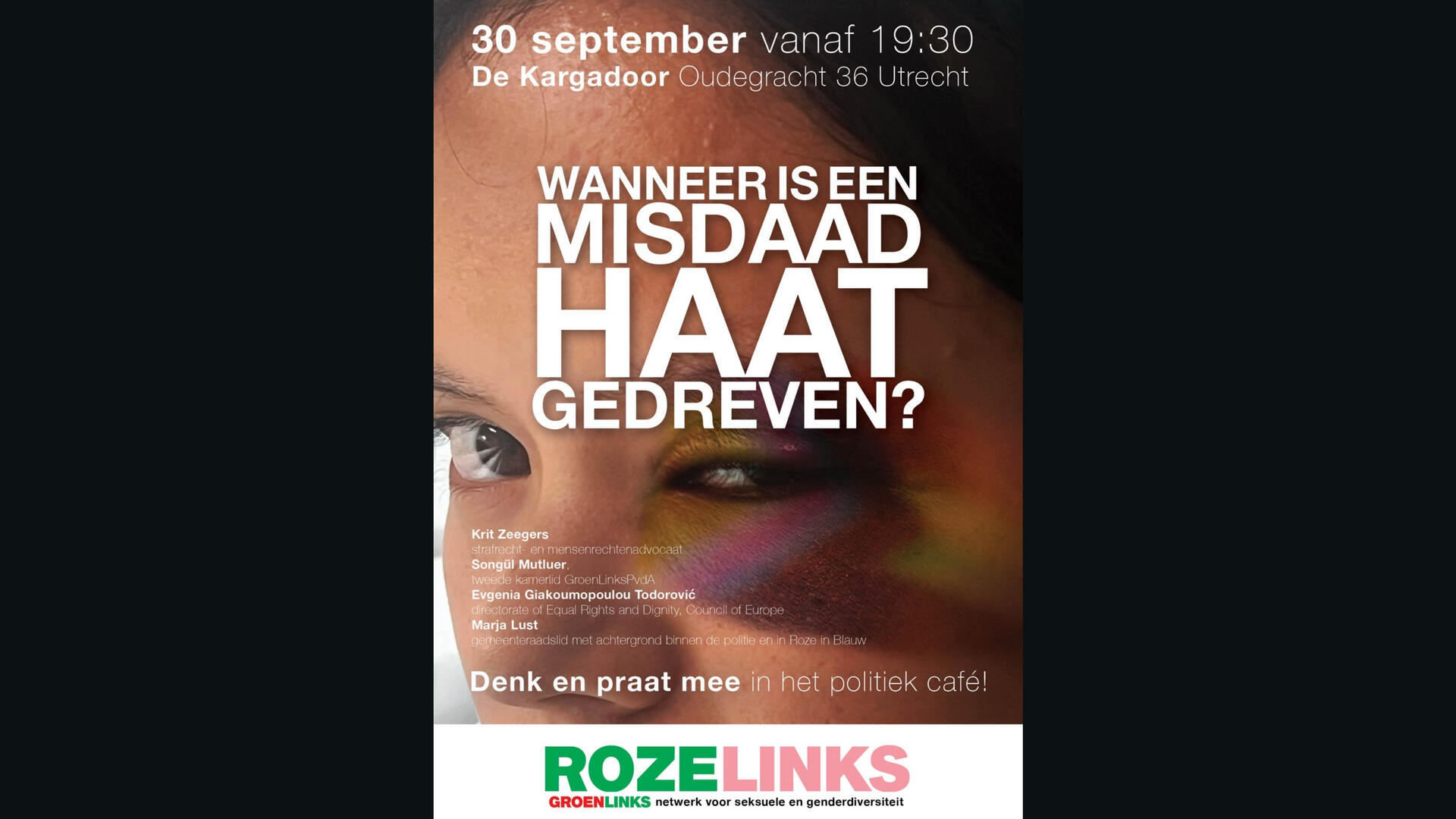 Affiche met aankondiging van politiek café, meisje met blauw oog in regenboogkleuren